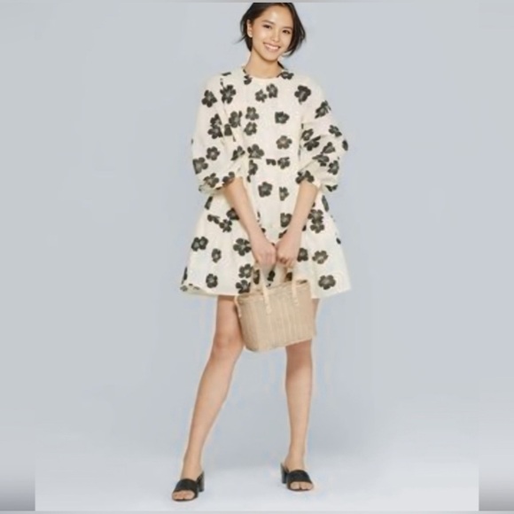 Who What Wear Black and Tan Puff Sleeve Sundress size XL has pockets 100% cotton - Picture 2 of 9